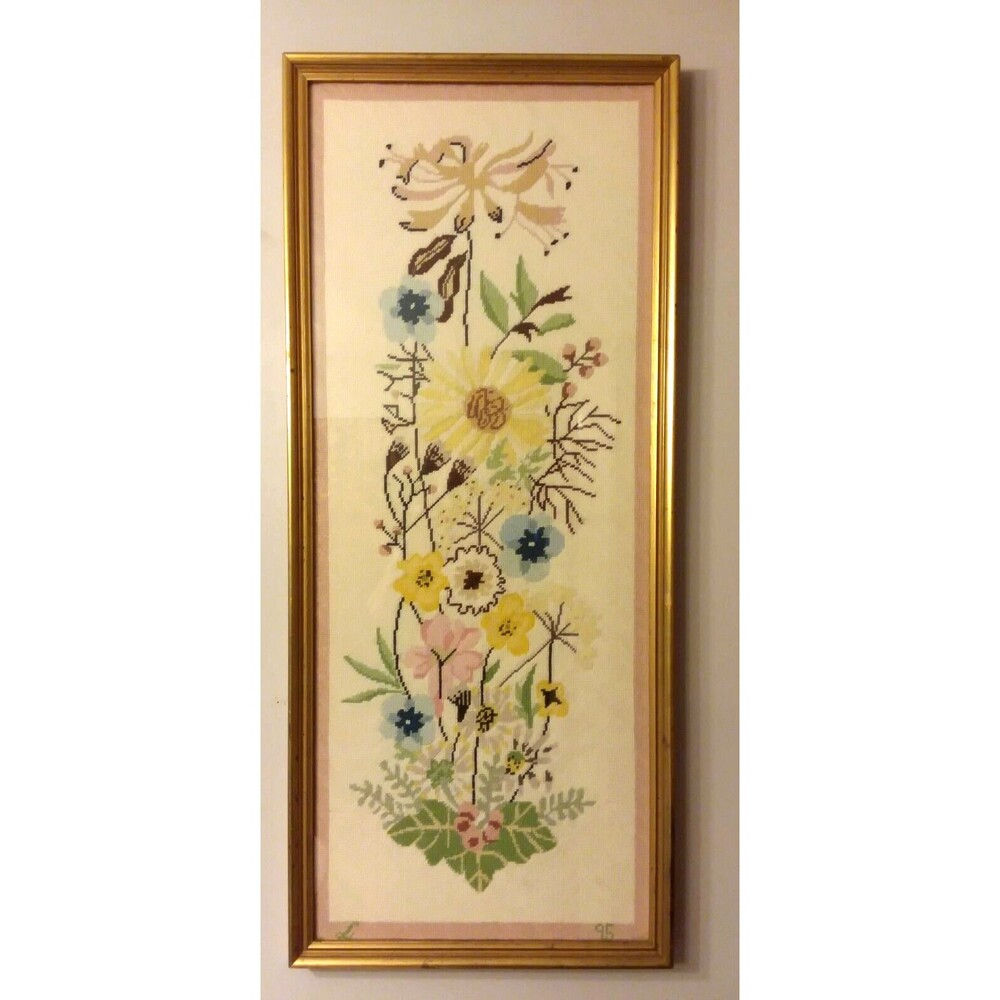 Needlepoint Vtg Floral Large 32" x14" Framed Cottagecore Grannycore '90s
